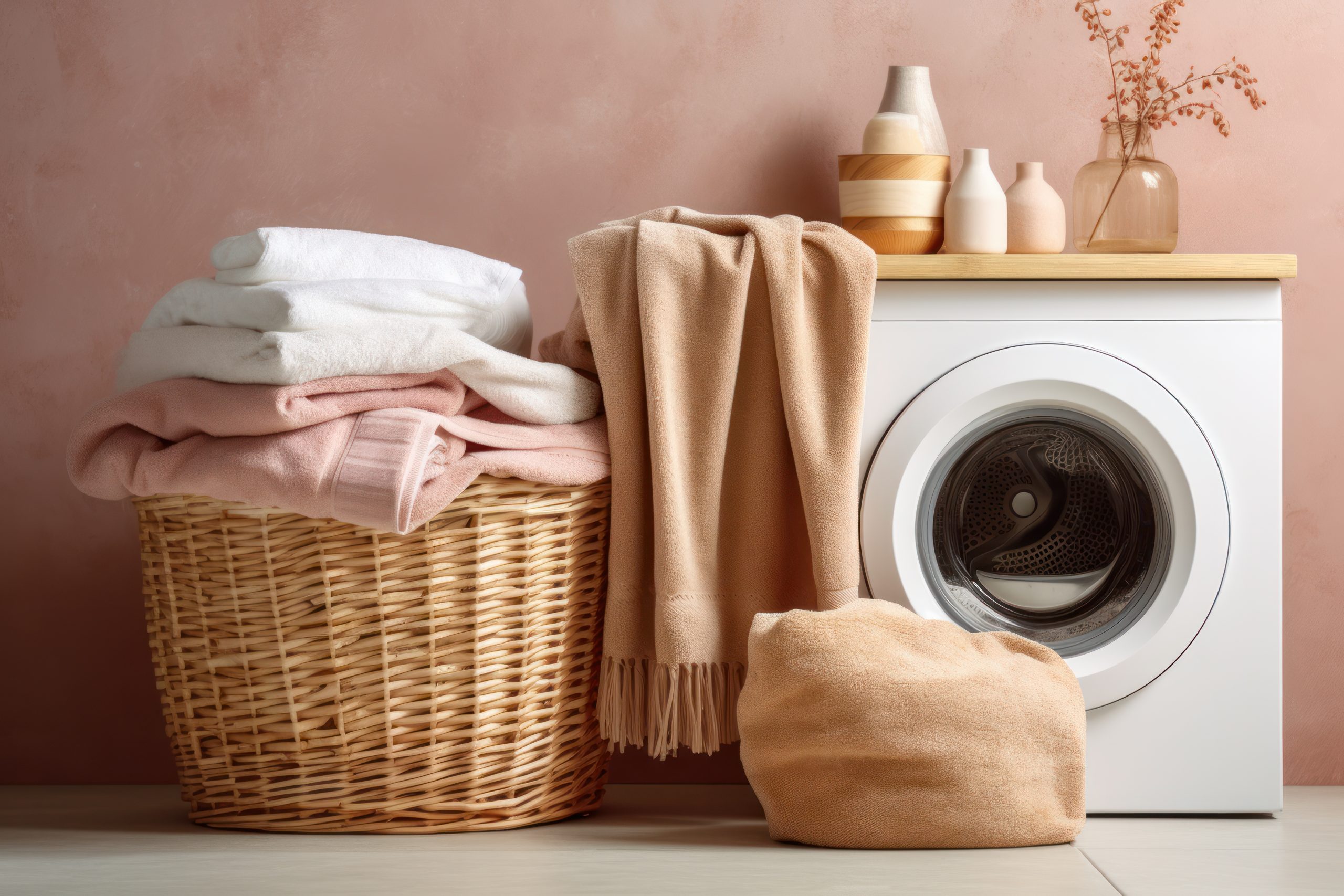 washing machine and towels in a basket